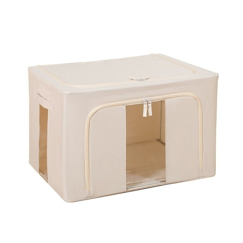 1+1 Cutie de Depozitare Pliabilă Crem, 66L – Textil Premium, Fereastră, Fermoar Dublu, Cadru Metalic, 50x40x33 cm