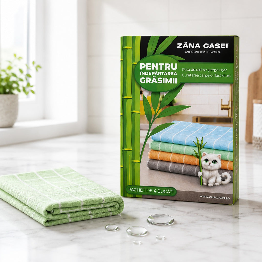 Set 4 Lavete Fibra Naturala din Bambus – Curăță Fără Detergenți, Lavabile