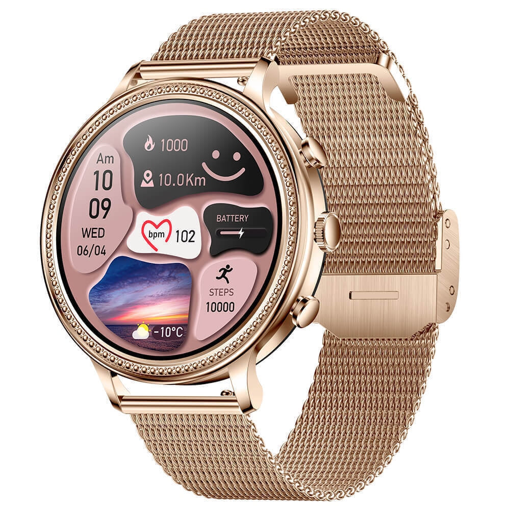 Ceas Smartwatch Dama, Curea Metalica și Silicon Sunshine Gold