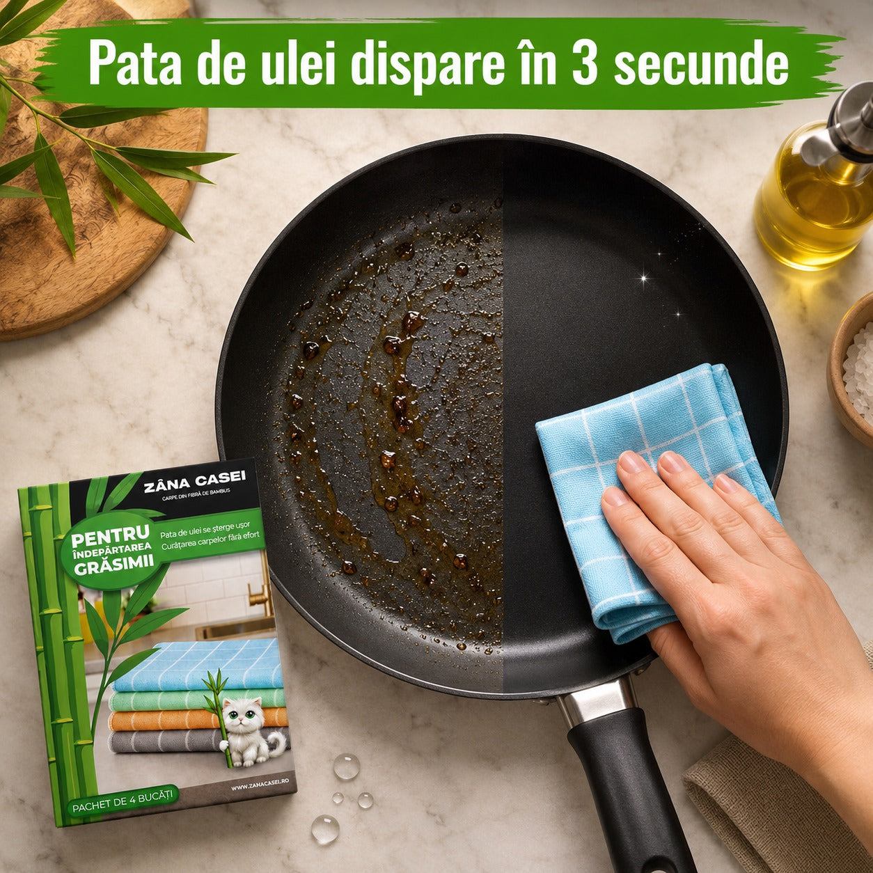 Set 4 Lavete Fibra Naturala din Bambus – Curăță Fără Detergenți, Lavabile