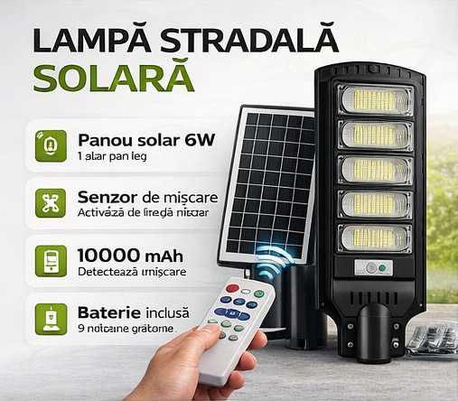 Lampă Stradală Solară LED 800W, 5 Module, Senzor Mișcare și 2 Telecomenzi, Rezistenta la Ploaie, Baterie Li-ion ZanaCasei.Ro