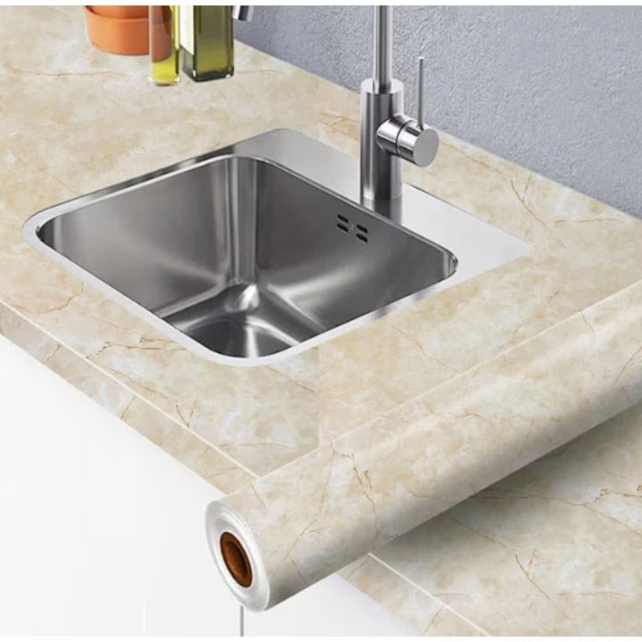 Folie autoadeziva pentru mobila cu model marmura bej, autocolant decorativ rezistent la apa, 60 x 300 cm
