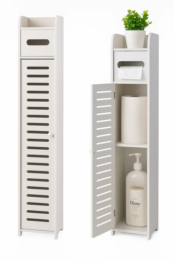 Dulap Îngust de Baie 3-în-1 – Suport Hartie Igienică, Rafturi și Depozitare Ascunsă, Alb Premium