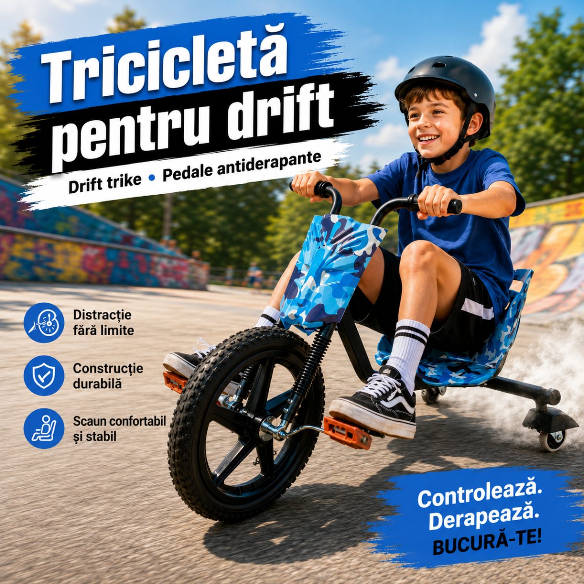 Tricicletă pentru Drift Copii, Drift Trike cu Pedale Antiderapante, Scaun Stabil, Roată Față 40 cm, Capacitate 100 kg