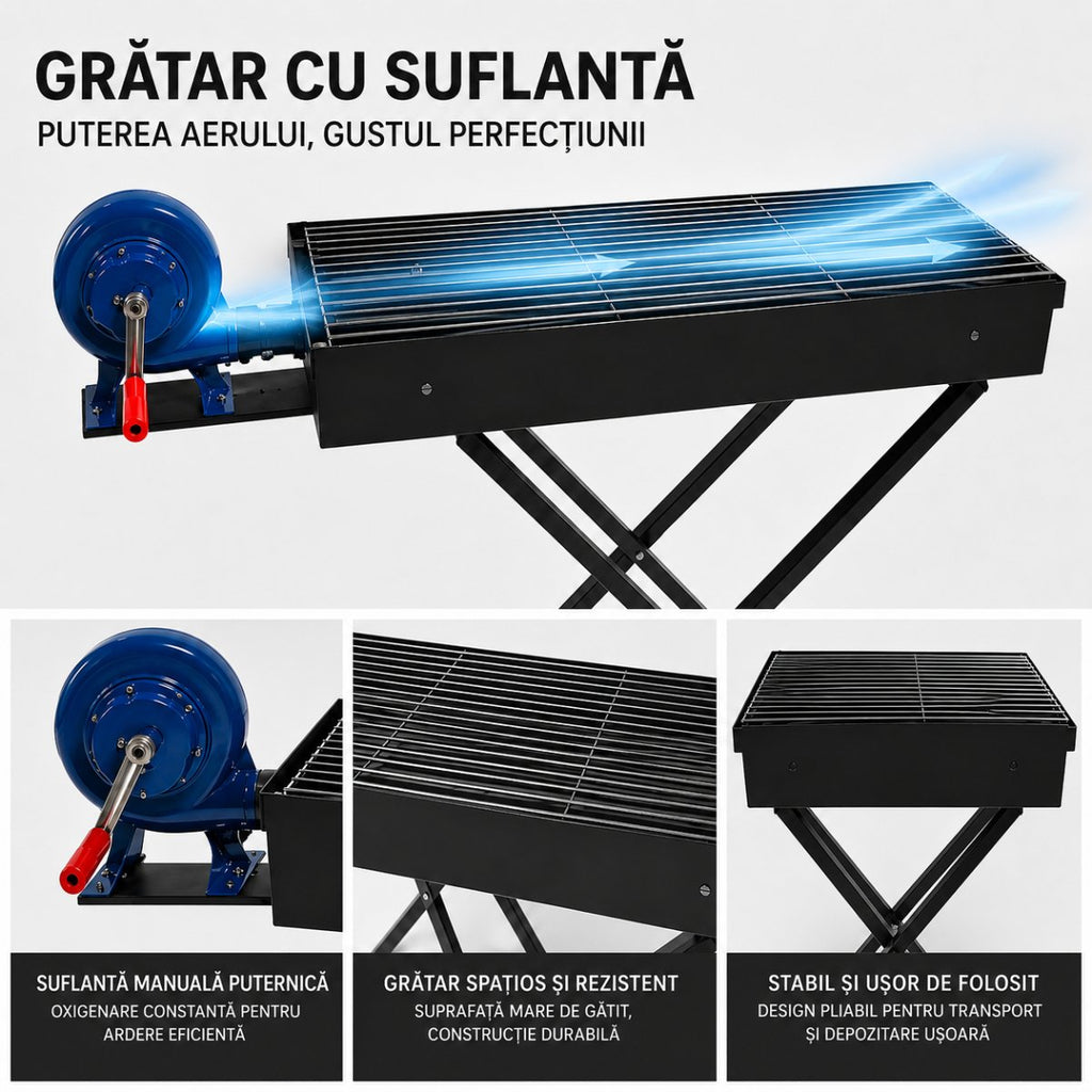 Grătar BBQ portabil cu suflantă de aer, 80 x 25 x 75 cm, grătar compact pe cărbuni pentru exterior