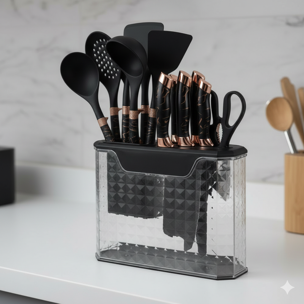 Set 16 Piese Ustensile Bucătărie din Silicon & Set Cuțite cu Suport – Design Modern, Multifuncțional