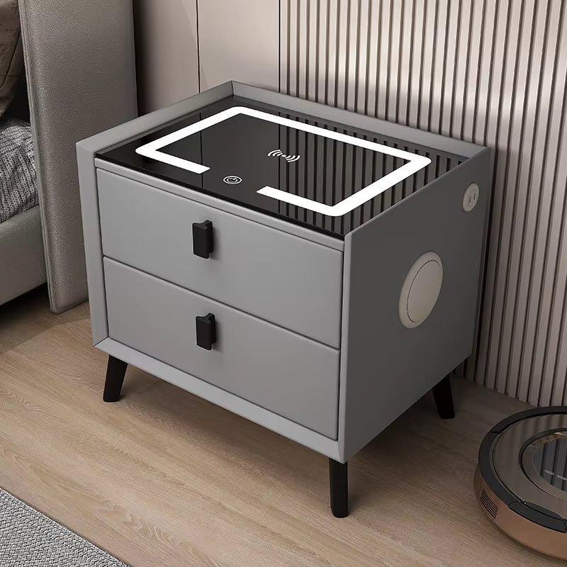 Noptieră Smart cu 2 Sertare – Încărcare Wireless, LED Ambient, Boxă Bluetooth, USB & Type-C ZanaCasei.Ro