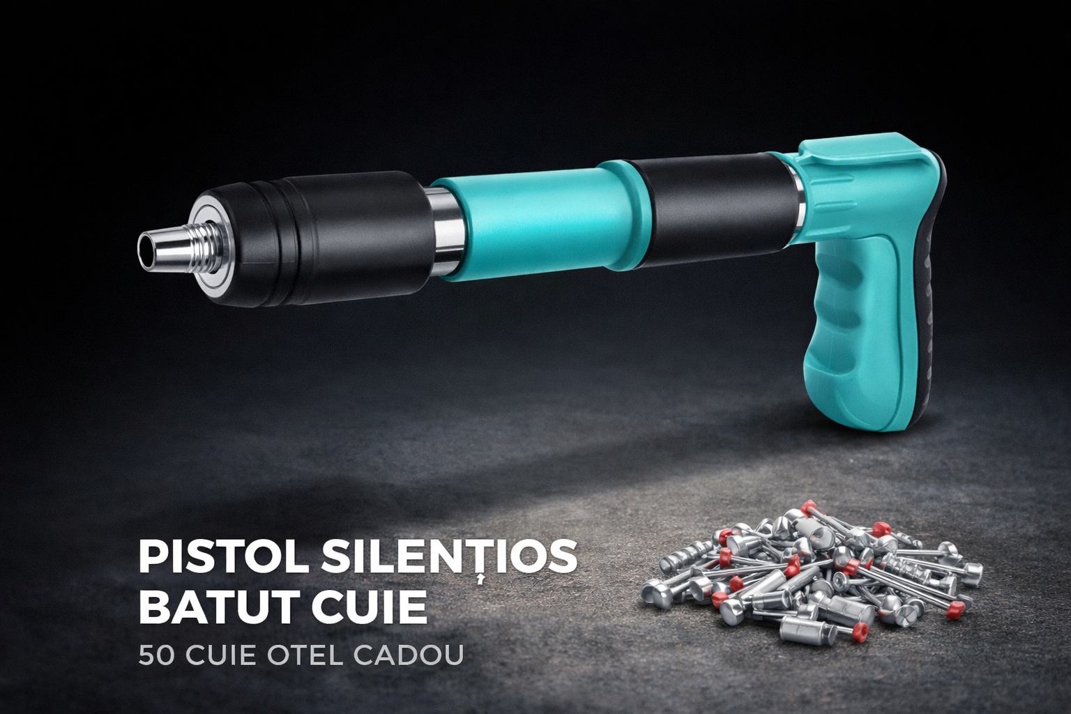 Pistol Manual Silentios de Bătut Cuie în Beton și Metal, Accesorii și Cutie Transport + CADOU 50 Cuie Otel
