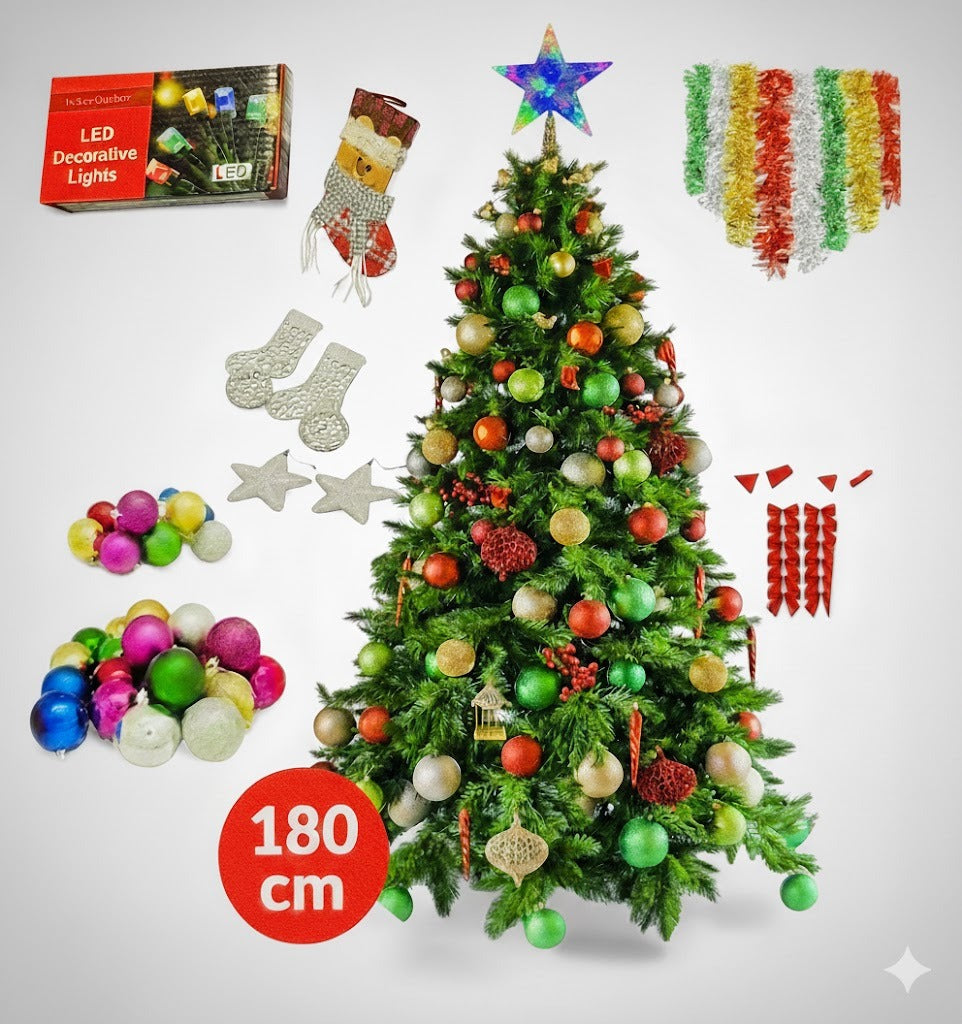 Pachet Complet Crăciun - Brad Artificial 180 cm + Set Premium de Decorațiuni Incluse