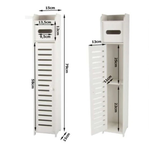 Dulap Îngust de Baie 3-în-1 – Suport Hartie Igienică, Rafturi și Depozitare Ascunsă, Alb Premium