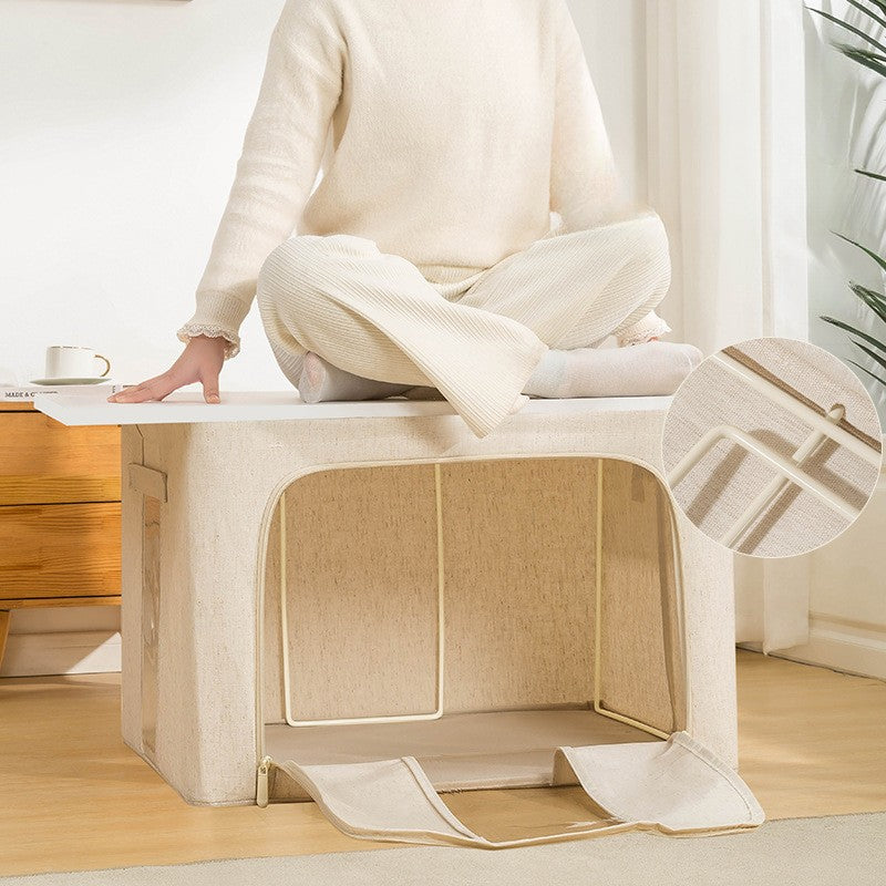 1+1 Cutie de Depozitare Pliabilă Crem, 66L – Textil Premium, Fereastră, Fermoar Dublu, Cadru Metalic, 50x40x33 cm