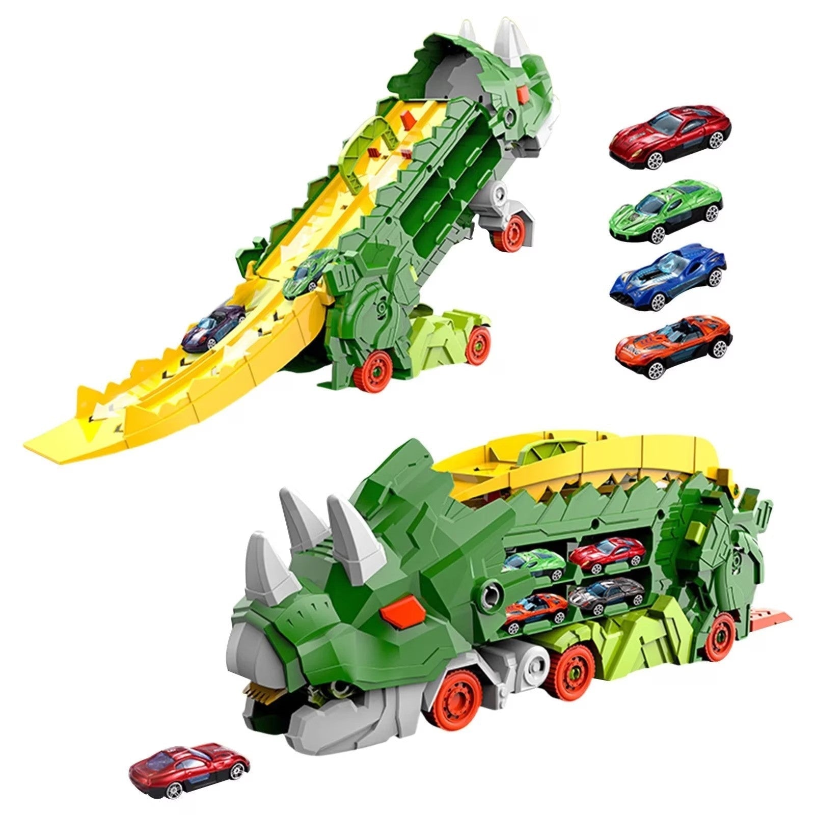 Set Multifunctional Dinozaur 2-in-1, Camion de Transport si Rampa de Lansare cu 2 Masinute