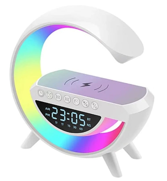 Lampa LED RGB Smart pentru birou, încărcare wireless telefon, Boxa Bluetooth, ceas și alarmă