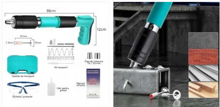 Pistol Manual Silentios de Bătut Cuie în Beton și Metal, Accesorii și Cutie Transport + 50 Cuie Otel CADOU