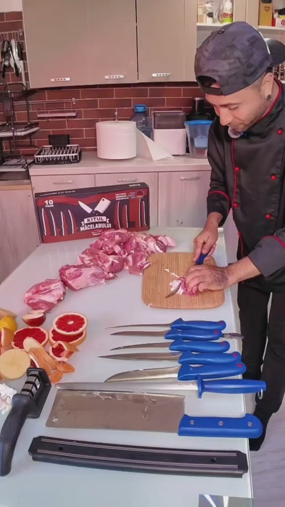 🔪 Kitul Măcelarului – Set Profesional 10 Piese + CADOU SUPORT CUTITE