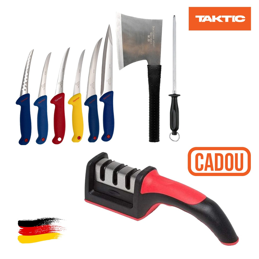 SET CUȚITE INDUSTRIALE MĂCELARIE, 6 CUȚITE + SATÂR + MASAT + APARAT ASCUTIT CUTITE CADOU