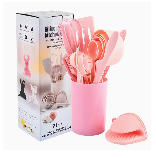 Set Ustensile Bucătărie 21 Piese din Silicon – Roz, Antiaderent, Design Modern