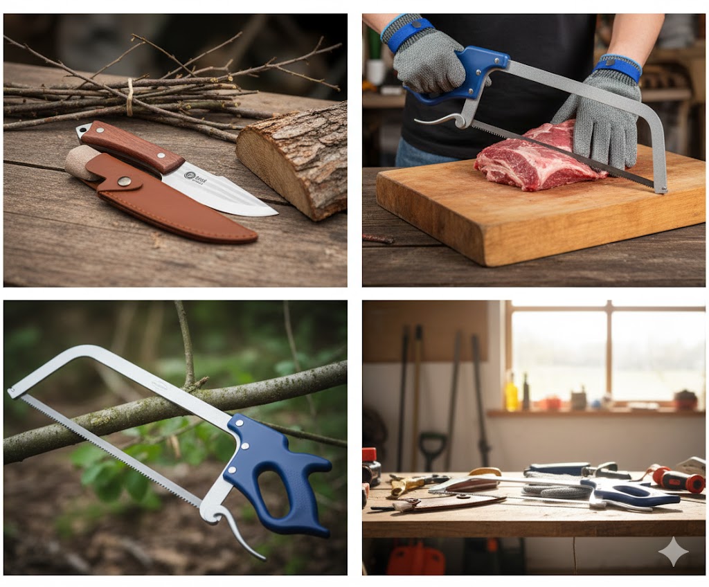 Set profesional pentru transare carne si oase ZanaCasei – Fierastrau inox 45 cm + Manusa anti-taiere + Cutit aventura Full Tang, teaca inclusa