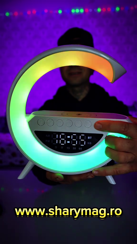 Lampa LED RGB Smart pentru birou, încărcare wireless telefon, Boxa Bluetooth, ceas și alarmă