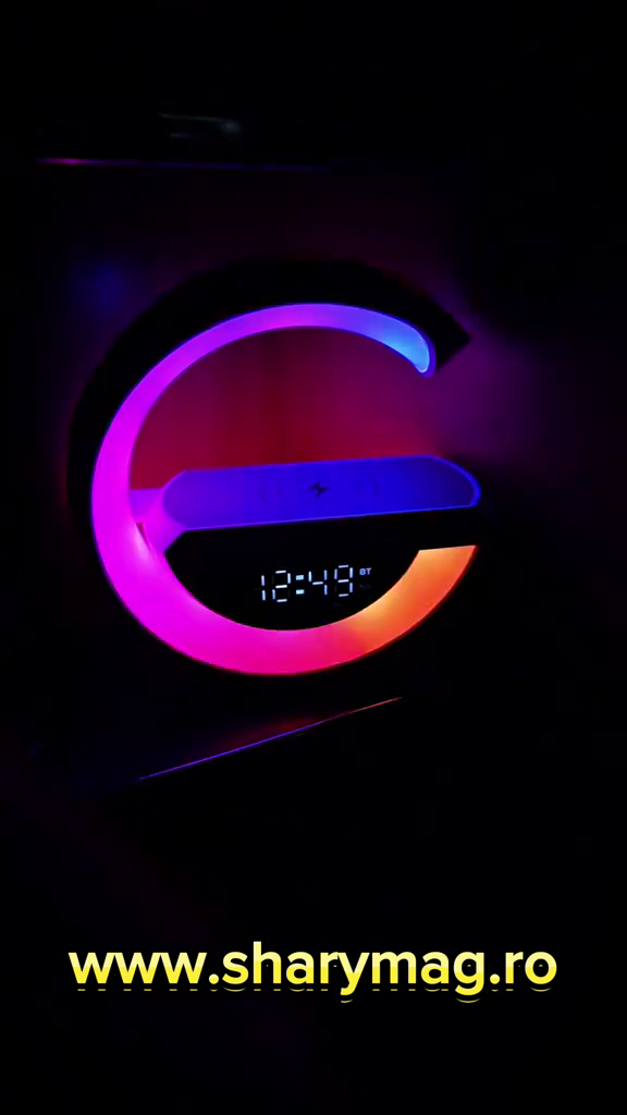 Lampa LED RGB Smart pentru birou, încărcare wireless telefon, Boxa Bluetooth, ceas și alarmă